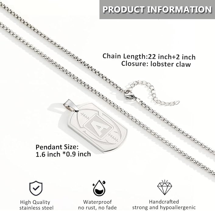 Initial A-Z Dog Tag Necklace for Men - Football Charm Pendant, Stainless Steel Chain 22+2 Inches, Personalized Sports Athletes Jewelry Gift