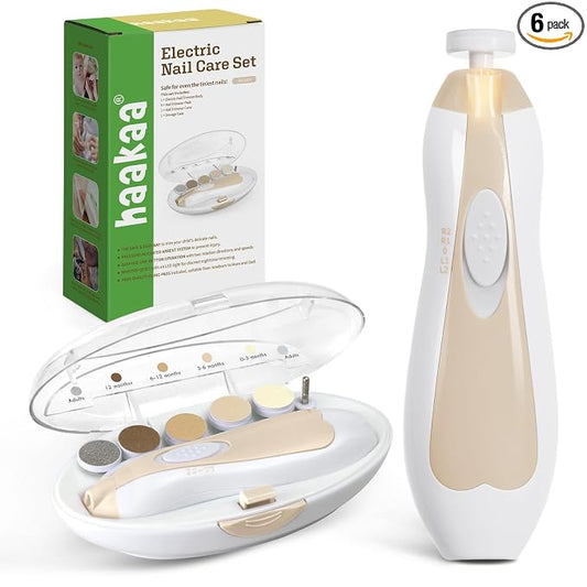 haakaa Baby Nail Care Electric Baby Nail File Kit with LED Light, Baby Nail Clippers for Newborn/Infants/Adults Toenails and Fingernails, 6 Replacement Heads & Storage Case, Acorn