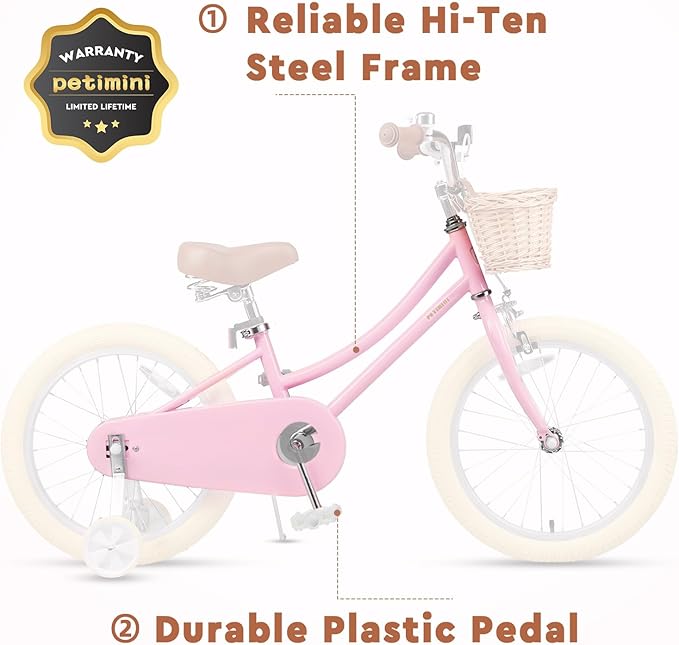 Petimini Vintage Kids Bike for Girls, 12–20 Inch Classic Bicycle with Wicker Basket & Bell, High Tensile Steel Frame, Training Wheels (12–18”), 85% Pre-Assembled, Retro Bike for Outdoor Riding