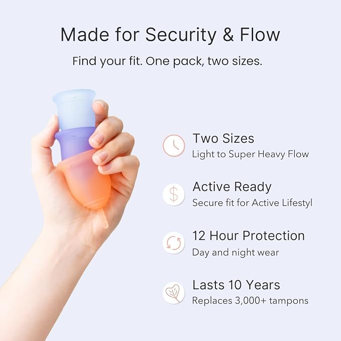Lena Menstrual Cups Original 2-Pack Set (Small & Large) Soft Medical-Grade Silicone Period Cups for Women Heavy Flow, Reusable 12-Hour Leak-Free Comfort, Feminine Care, Purple and Turquoise