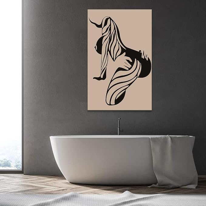 Yeesjoee Large Minimalist Female Line Abstract Wall Art Girl Silhouette, Nude Woman Body Canvas Print, Black & Beige Sexy Picture Painting for Home Living Room Modern Bedroom Decor, 28x44 in Framed