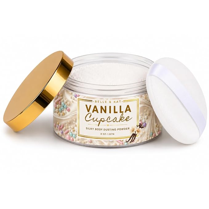 Body Powder for Men & Women Scented Vanilla Cupcake, Bath Perfume Dusting Powder with Fragrance & Essential Oils, Talc Free 8oz Container with Soft Powder Puff, Made in USA