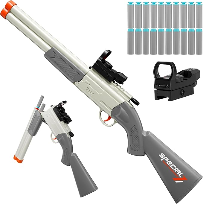 Toy Gun Double Barrel Shotgun Toy,with 20 Soft Bullet Darts, Toy Foam Blaster Foam Dart Blaster with Scope for Kids, Youth, Teen, Boys-Holiday for 8-12 Year (White)