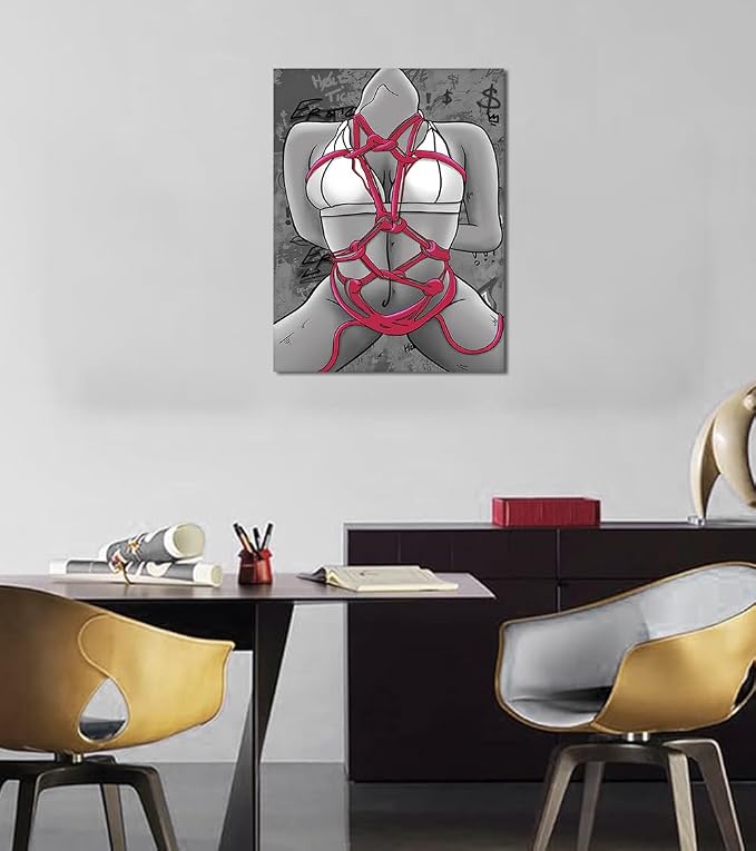 Yeesjoee Nude Female Canvas Wall Art Prints, Sexy Body with Pink Rope Bondage, Abstract Woman Figure Poster Painting Modern Artistic Decor for Bedroom Living Room Contemporary Home, 12x16 in Framed