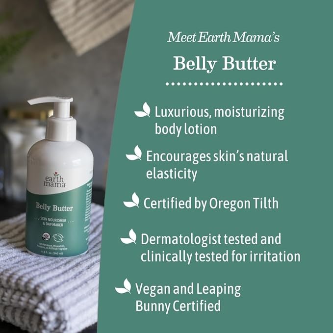 Earth Mama Belly Butter, Maternity Moisturizer for Dry Skin | Lotion for Pregnancy and Postpartum Recovery Self Care, Body Cream with Aloe, Fragrance Free, 8-Fluid Ounce