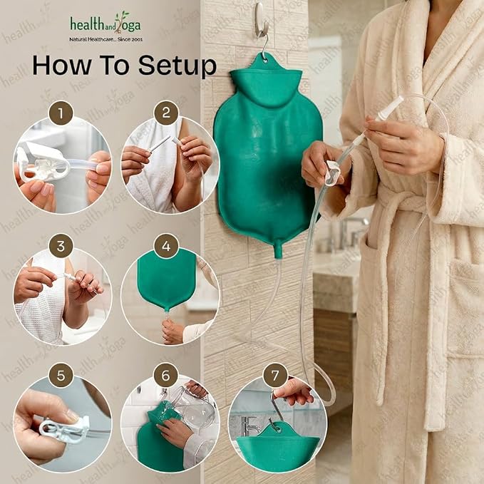 HealthAndYoga™ NaturoFlo Superior Enema Bag Kit with Silicone Tubing Hose and Fittings - 2 Quart Fountain Open top Kit for Fleet Enema and Anal Douche - Green
