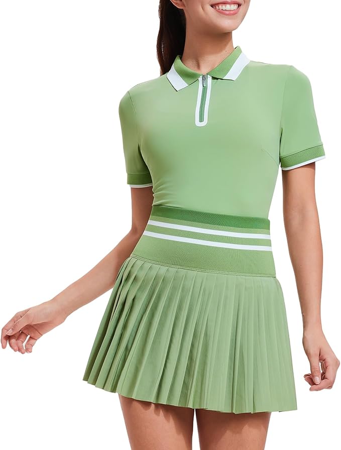 Tennis Skirt Sets for Women Zipper Color Block High Waisted Golf Polo Two Piece Skirt Set Women 2 Piece Outfits