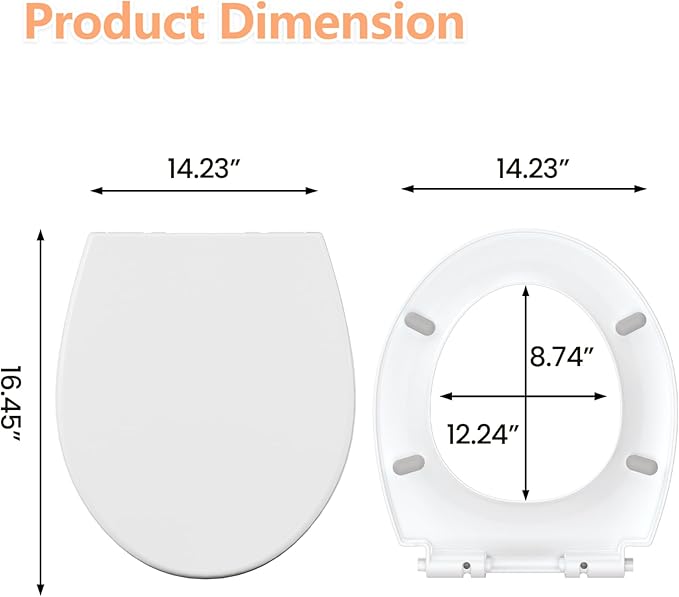 Round Toilet Seat Cover – PP Locking Hinge Toilet Seat with Flat Lid, White Slow Close Seat for Standard Round Toilets, Comfortable & Sturdy