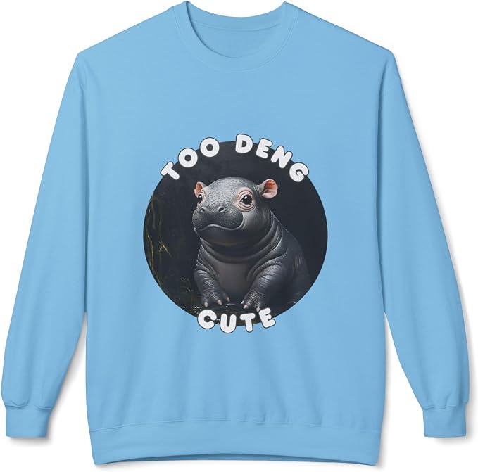Unisex Fleece Crewneck Sweatshirt - Too Deng Cute Moo Deng Hippo, Cozy Cotton Blend, Classic Relaxed Fit