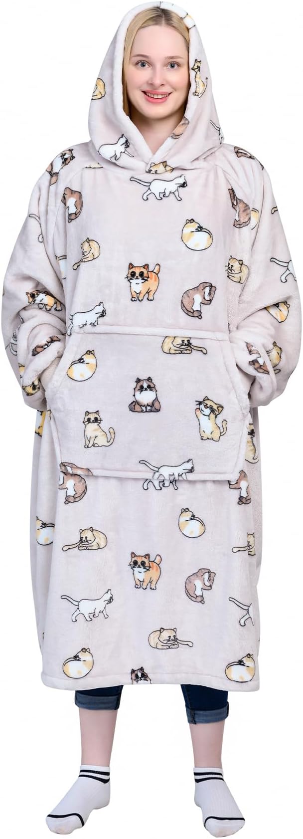 Waitu Wearable Blanket Sweatshirt Gifts for Women and Men, Warm and Cozy Giant Blanket Hoodie, Thick Flannel Blanket with Sleeves and Giant Pocket - Cat Gray