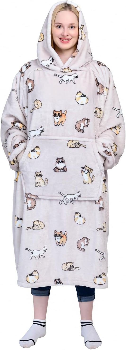 Waitu Wearable Blanket Sweatshirt Gifts for Women and Men, Warm and Cozy Giant Blanket Hoodie, Thick Flannel Blanket with Sleeves and Giant Pocket - Cat Gray