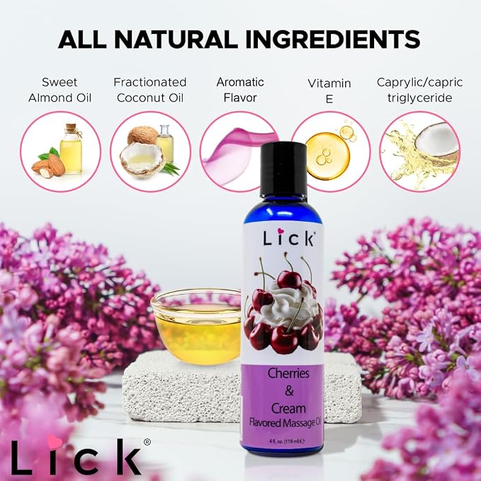 Lick Cherries and Cream Indulgence Flavored Massage Oil – Romantic, Sweet, Non-Sticky, Couples, 4 oz