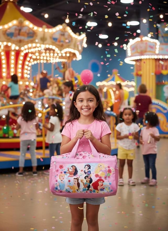 Disney Princess Kids Duffle Bag 16.5" – Travel & Sports Bag with Zipper Pocket, Mesh Side Pockets & Shoulder Strap