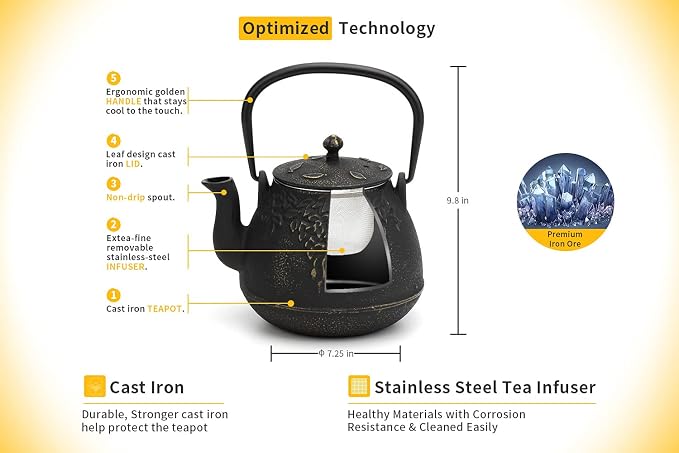 Toptier Tea Kettle for Stove Top, Cast Iron Teapot Stovetop Safe with Infusers for Loose Tea, 54 oz, Black