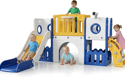 Arlopu 9 in 1 Toddler Slide Set, Kids Large Climber Slide Playset w/Long Slope, Telescope, Storage Space, Enclosed Steps, Indoor Outdoor Playground (Yellow & Blue)