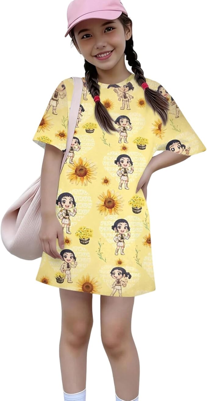 Girl's Anime K-POP Graphic Long Dress T-Shirt - Casual Loose Fit Short Sleeve Top