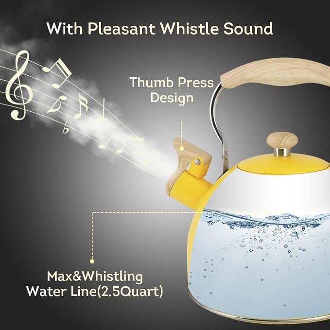 Lily's Home Whistling Tea Kettle, Teapot for Stovetop, Pleasant Whistle Sound, Heat Resistant Plastic Handle – Faux Wood Finish, Non Toxic Stove Kettle for Boiling Water - 2.5 Quarts (Yellow)