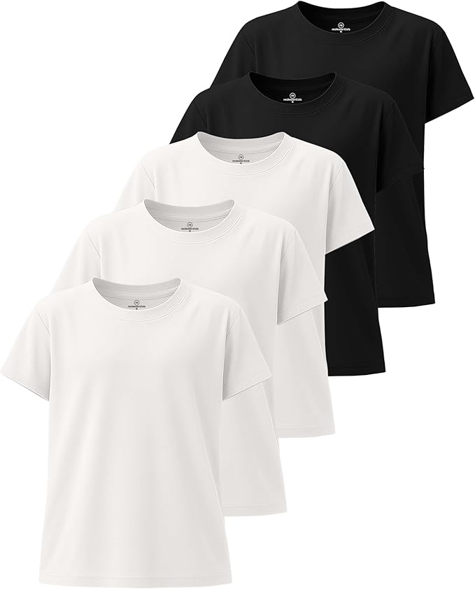 Real Essentials 5 Pack: Girls' Short Sleeve Dry-Fit Athletic T-Shirt - Active Gym Crew Neck Tops for Teens Kids (Ages 4-16)