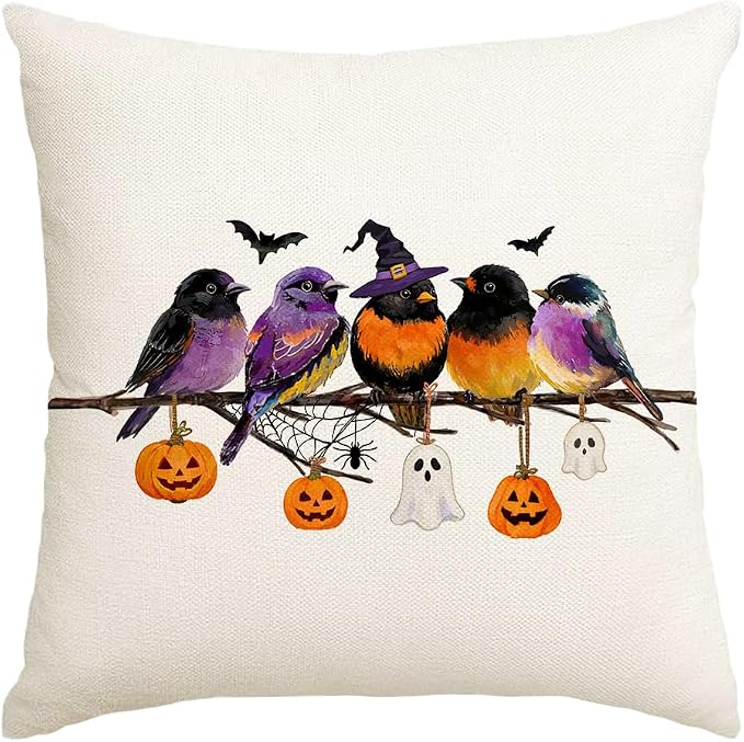 RABUSOFA Halloween Pillow Covers 18x18 Inch Halloween Decorations for Home | Watercolor Birds,,Spooky Ghost Pumpkin Bat Halloween Decor,Supplies Accessories for Home Couch Party Patio