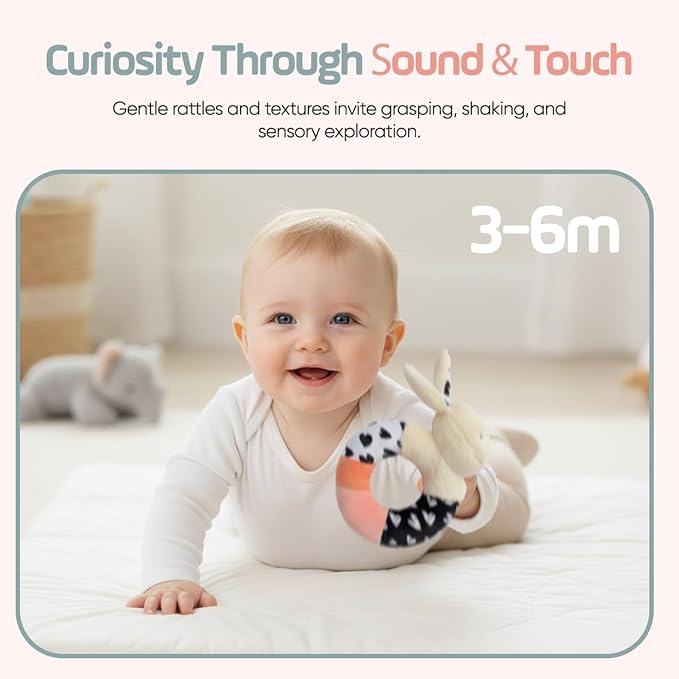 Bella Bunny Sensory Rattle Set – Newborn Rattle & High Contrast Baby Toys (0–6 Months), Soft Plush Bunny Lovey for Play & Gift Giving