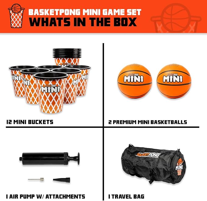 BasketPong Mini – Yard Pong and Basketball Game with 12 Buckets, 2 Balls, Carrying Bag, and Air Pump – Outdoor Game for Lawn, Backyard, Beach, and Travel