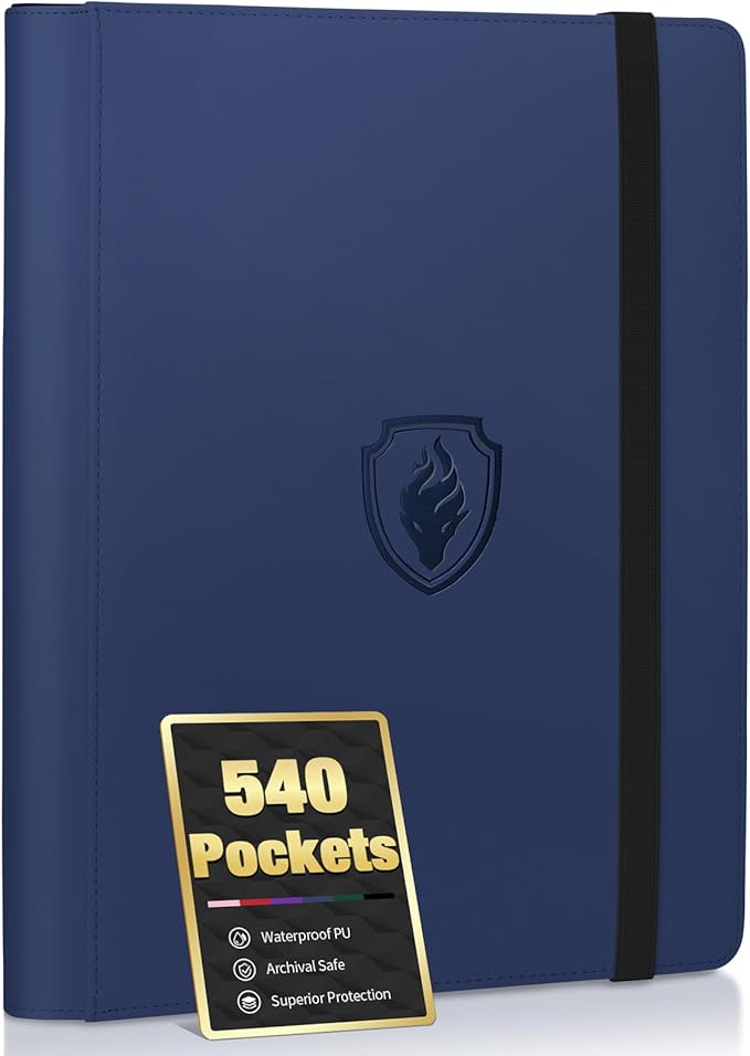 Premium 9 Pocket Card Binder for 540 Cards, Fabmaker PU Cover Trading Card Binder, Sturdy Card Collection Album, Sleek Card Holder Folders for Game Cards & Sports Cards, Navy Blue