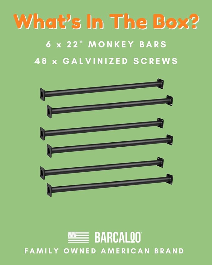 Barcaloo 22 Inch Outdoor Monkey Bars for Backyard - Set of 6, Black Metal Outdoor/Indoor Monkey Bars for Kids - Playground Ladder, Climbing or Swing Set - Kit Includes Mounting Plates & Hardware