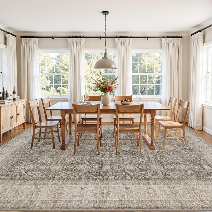 8x10 Area Rugs for Living Room: Vintage Boho Neutral Washable Rug Indoor Soft Large Area Rug Carpet for Bedroom Nursery Farmhouse Dining Room Office Floor Non-Slip Low Pile Under Table Rug Warm Taupe
