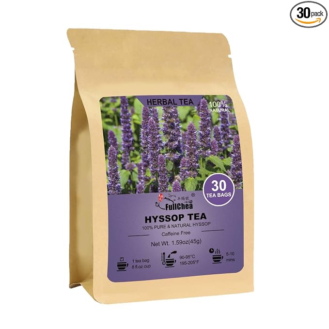 FullChea - Hyssop Tea Bags, 30 Count, Dried Hyssop Leaves & Flowers | Pure flower-rich hyssop tea, Non-GMO caffeine-free, rich in antioxidants, hot or iced for evening & post-dinner relaxation