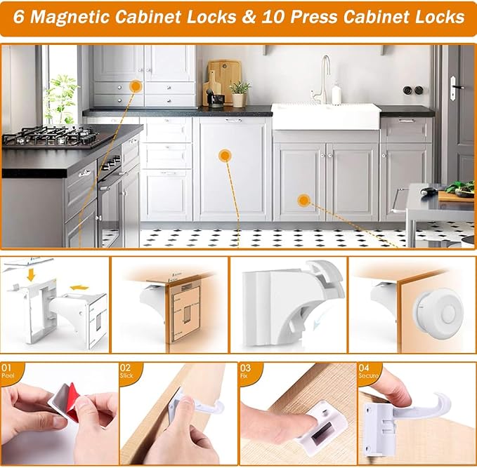 Baby Proofing Kit 112 Pack – Complete Baby Proofing Essentials Set with Magnetic Cabinet Locks, Door Lever Lock, Stove Knob Safety Covers, Corner Protectors, Outlet Plug Covers & Furniture Straps