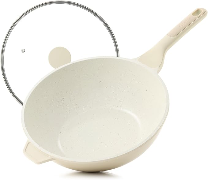 SENSARTE Ceramic Nonstick Wok with Lid, 11 Inch Non Toxic Stir-fry Pan Induction Cookware, Deep Frying Pan Skillet with Stay-Cool Handles, PFAS/PTFE/PFOA Free