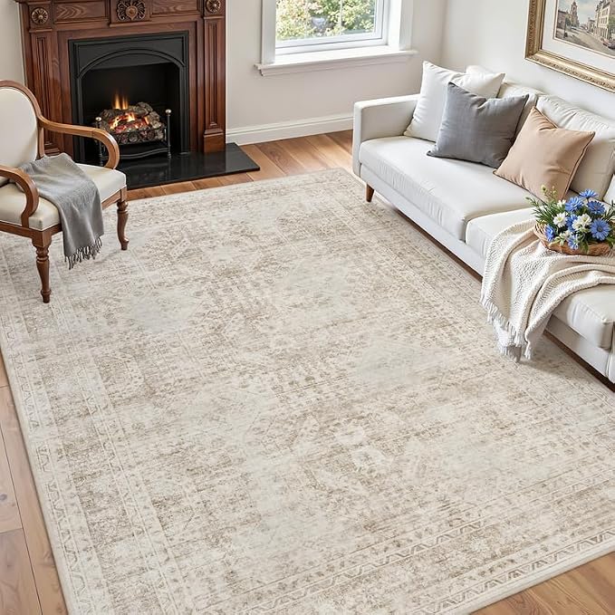 3x5 Area Rugs for Living Room: Vintage Boho Neutral Washable Rug Indoor Soft Large Area Rug Carpet for Bedroom Nursery Farmhouse Dining Room Office Floor Non-Slip Low Pile Under Table Rug Brown