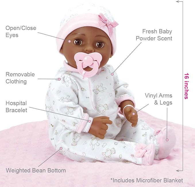 Adora Realistic Adoption Doll Joy, 16” Adorable Doll with 9-Piece Accessories includes Pacifier, Hospital Bracelet, Disposable Diaper, Blanket, Crib, Removable Onesie and a Cap.