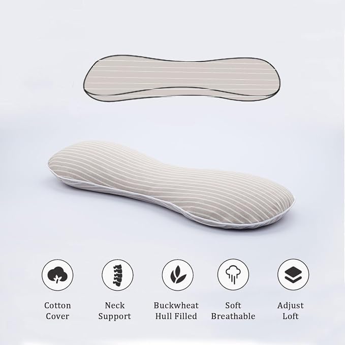 Firm Buckwheat Neck Pillow, Adjustable Height, Cervical Back Support for Neck Pain Relief, Cool Stripe Bone Shape Pillow for Recliner Sleeping, Khaki 19"X7"