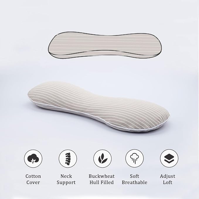 Buckwheat Hulls Pillow for Sleeping, Neck Support Cooling Cervical Pillow, Breathable Adjustable Firm Ergonomic Neck Pillow for Recliner for Back and Side Sleepers Break, Kakhi 19" x7”