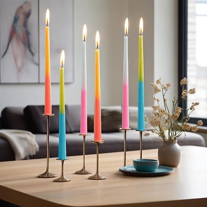 Pastel Taper Candles Set of 6 Rose Scented Candle Sticks Hand Poured Smokeless Two Tone Double Color Design 10 inch Long Candle for Wedding Dining Housewarming Gift Holiday Home Decor