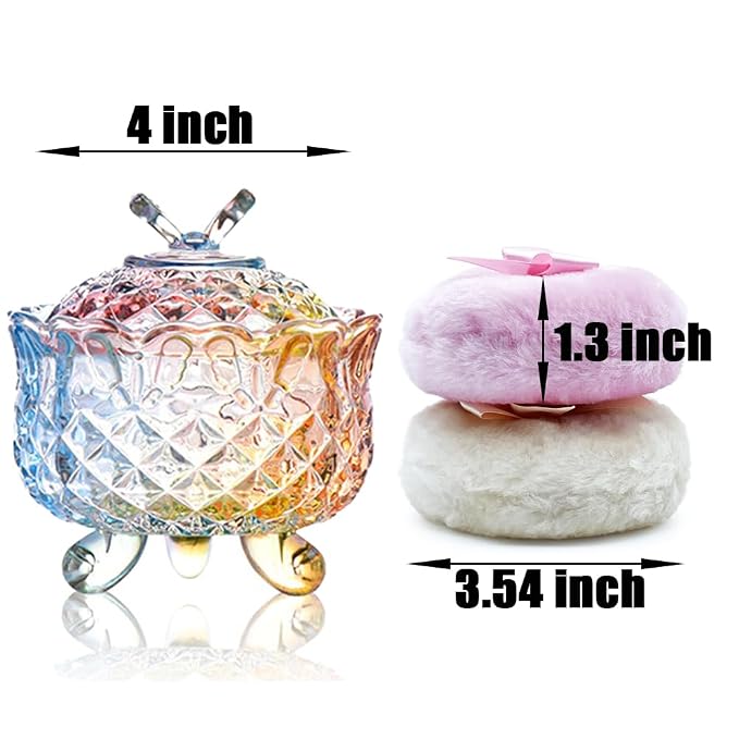 Luxury 4 Inch Glass Powder Container with 2 Soft 3.5" Puffs for Body Powder Makeup and Jewelry Storage (Butterfly-Colorful)