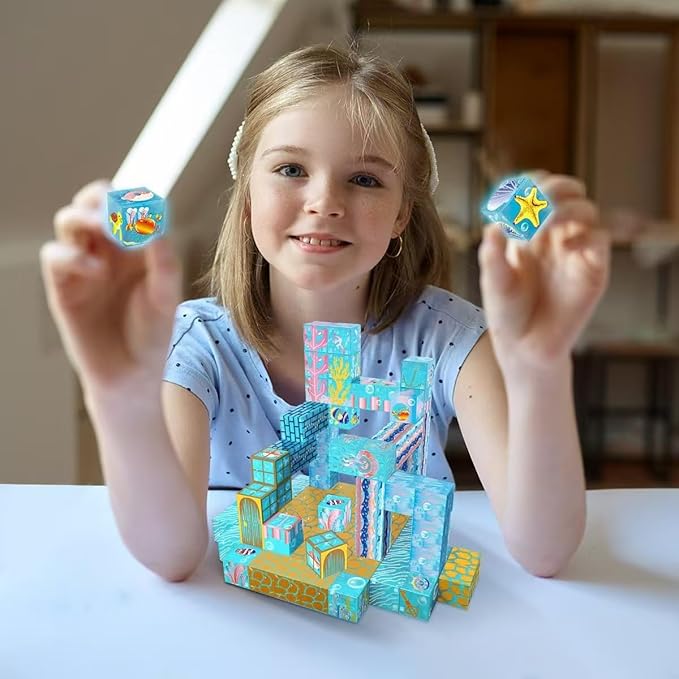 Magnetic Building Blocks-135 PCS Growing Ocean Magnet Cubes Tiles with USB Light Panel,STEM Sensory Construction Toys Set Christmas Birthday Gifts for Kids Boys Girls Toddlers Ages 3+,4-8,6-8