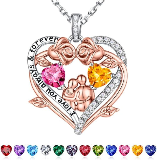 Iefil Valentines Gifts for Her Wife - 925 Sterling Silver Double Heart Birthstone Necklace, Anniversary Birthday Gifts for Women Wife Girlfriend