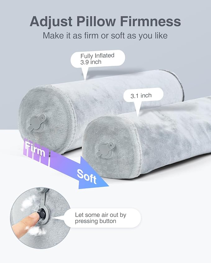 Luxtude Inflatable Neck Roll Pillow for Sleeping, Travel Cervical Pillow for Neck Pain Relief, Cylinder Support Pillows Round Bolster Pillows for Bed, Lumbar Roll, Legs, Back and Yoga (Grey-3.9in)