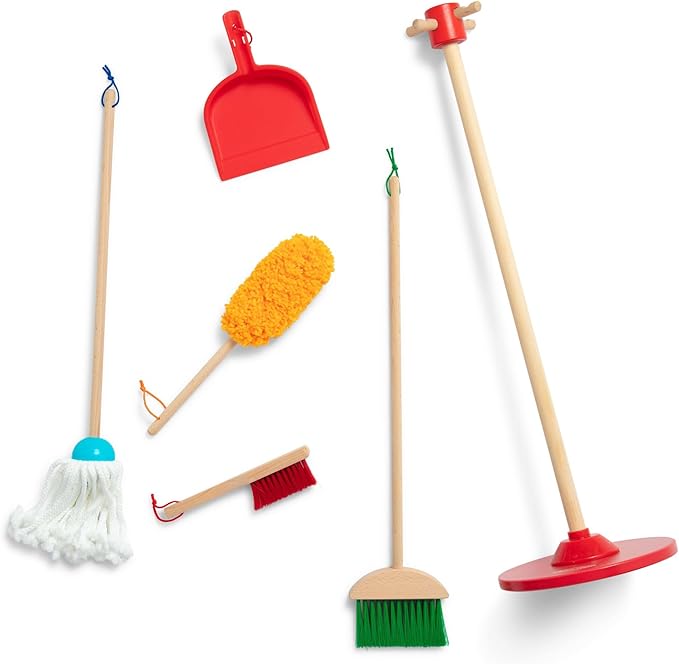Melissa & Doug Dust Sweep Mop 6-Piece Pretend Play Set, Toddler Toy Cleaning, Pretend Play Home Cleaning, Kids Broom and Mop Set for Ages 3+