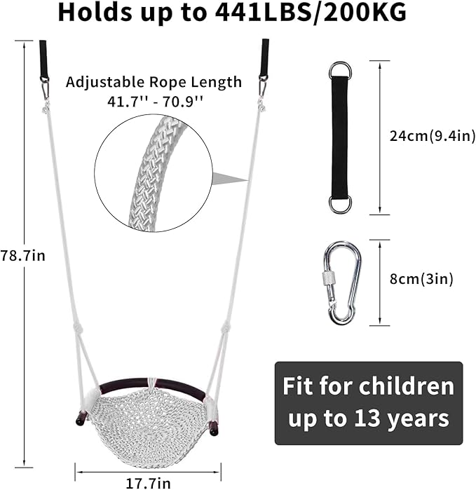 Hi-Na Tree Swing for Kids, Adjustable Toddler Rope Swing Seat with Snap Hooks and Straps, 440 lbs Capacity, Swingset Accessories for Indoor Porch Doorway Outdoor Playground Backyard (Gray)