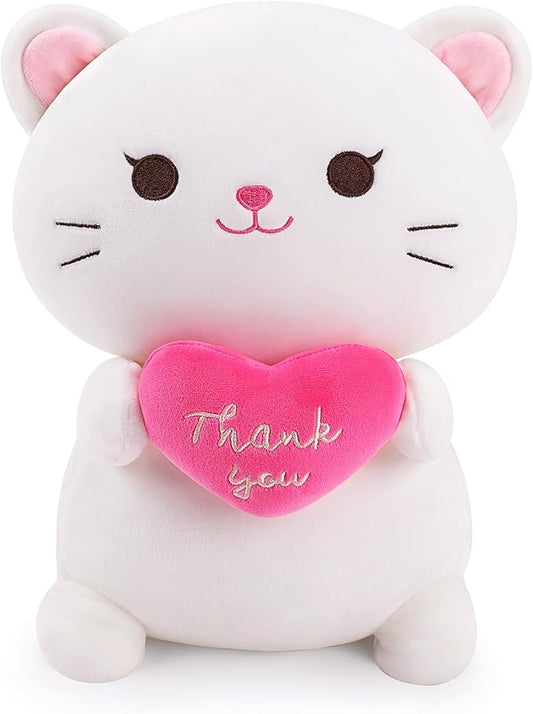 Achwishap Cat Stuffed Animal-Thank You Cat Plush,14” Cats Plush Toys Birthday Gifts for Kids,Cute Plushies Soft Kitten Plushies Kawaii Stuffed Huggging Pillow,Gratitude Animal Pillow for Adults,White