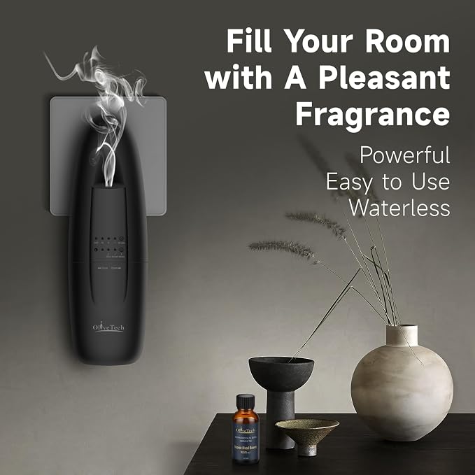 Plug in Waterless Diffuser, OliveTech Cold Air Scent Diffuser for Home & Office, Hotel Collection Aromatherapy Diffuser with 30mL Essential Oil Included, Adjustable Fragrance - Black