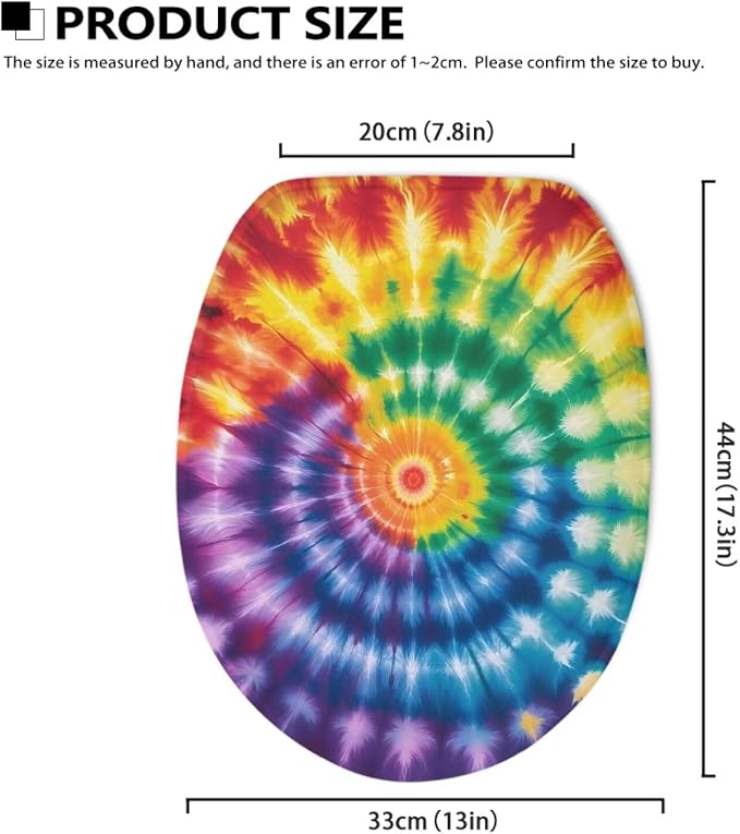 Hippie Tie Dye Toilet Seat Cover for Bathroom Universal Fit Elongated Oval Round Lid Rainbow Tie Dye Toilet Lid Cover Replacement for Bathroom Decor Machine Washable