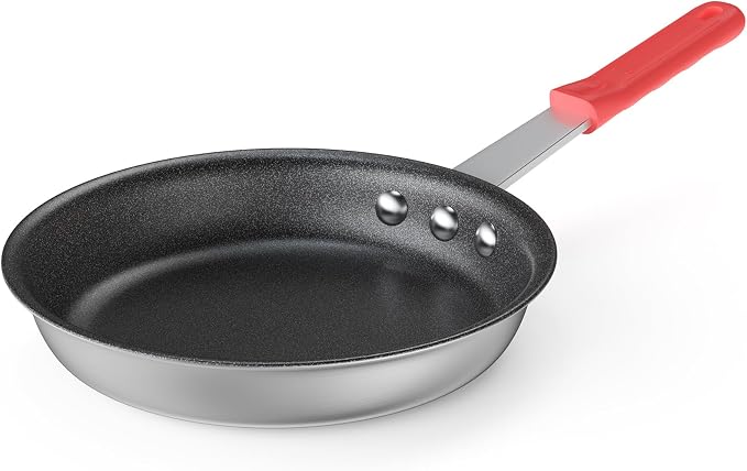 DUMOS 8 Inch Nonstick Frying Pan, Heavy-Gauge Aluminum Skillet with Ceramic Nonstick Coating, Stainless Steel Base & Handle, Omelet Pan for Induction, Electric, Gas, PFAS Free, Oven Safe, Red Handle