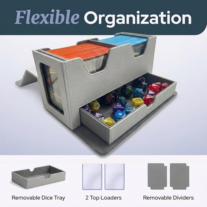 Card Deck Box Fits 200+ Double Sleeved，Commander Deck Box for Magic the Gathering with Dice Tray & Toploader Display,2 Dividers