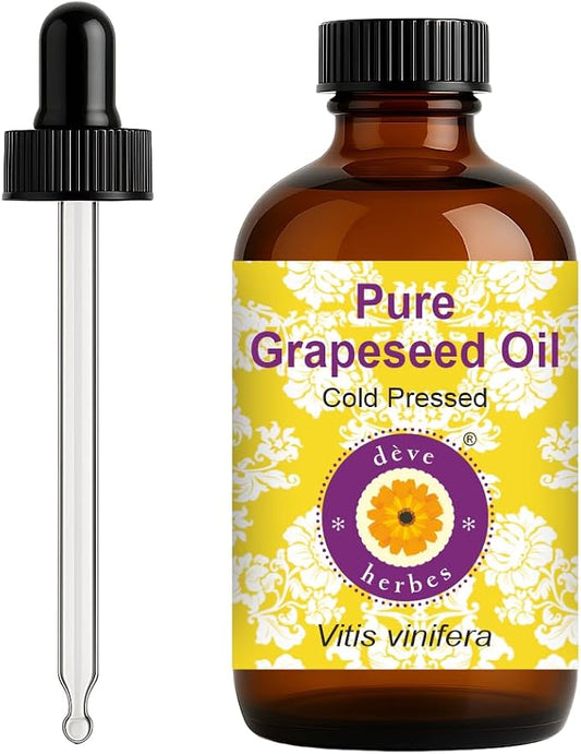 dève herbes Grapeseed Oil (Vitis vinifera) with Glass Dropper | Cold Pressed | Pure | Natural | For Diluting Essential oils | Hair, Skin & Massage | Non-Sticky | Lightweight | Unisex | 120ml (4 oz)