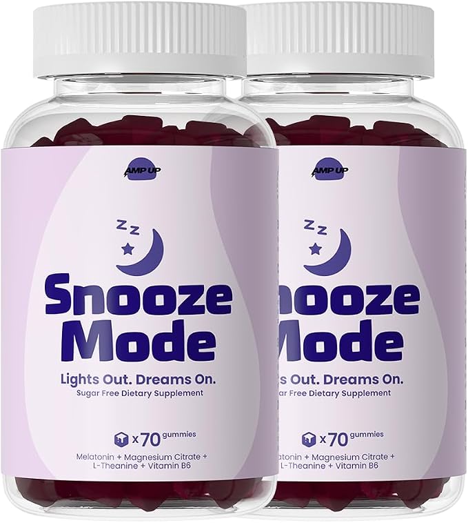 AmpUp Sleep Melatonin Sugar Free Gummies – 5mg Melatonin with Magnesium, L-Theanine & Vitamin B6, Nighttime Sleep Support Supplement, Vegetarian, Natural Grape Flavor – 70 Gummies (2)