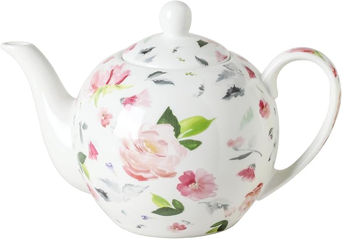 30oz Porcelain Teapot, Floral Design Ceramic Tea Pot for Loose Leaf & Bagged Tea, Classic 3-4 Cups Teapot for Daily Use & Special Occasions, Dishwasher Safe